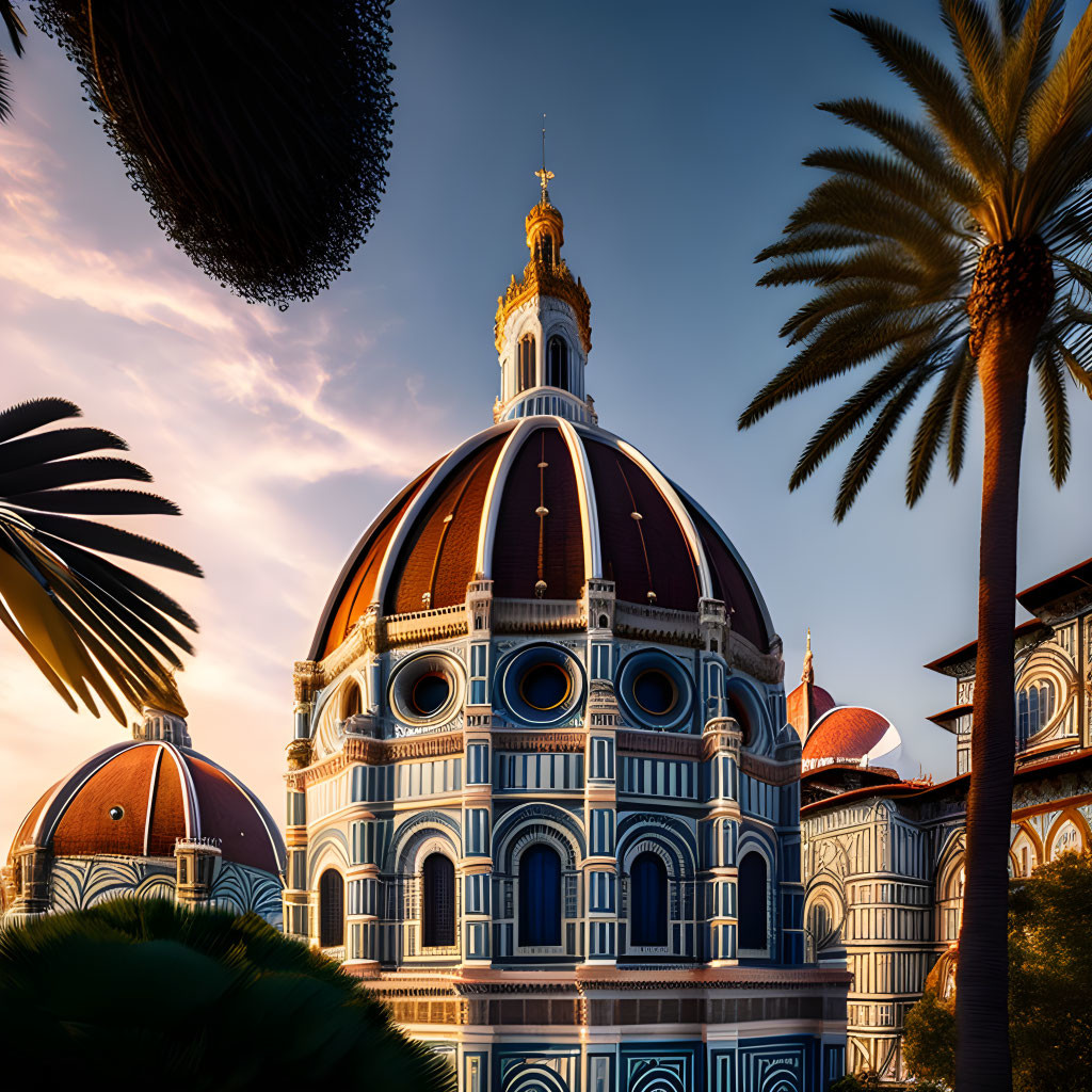 Majestic cathedral with white and blue domes against sunset sky