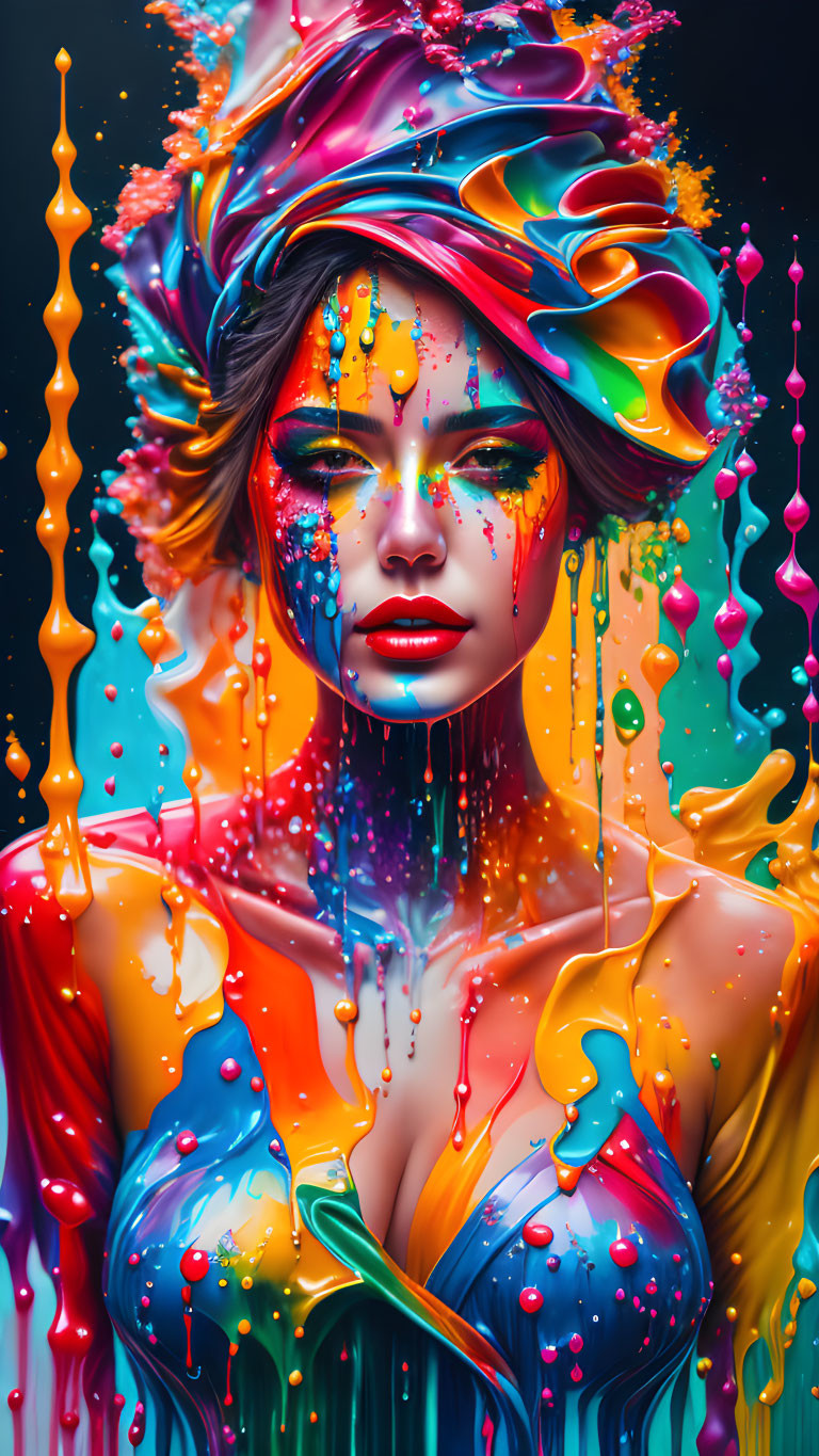 Colorful digital artwork of a woman with vibrant swirls and paint drips