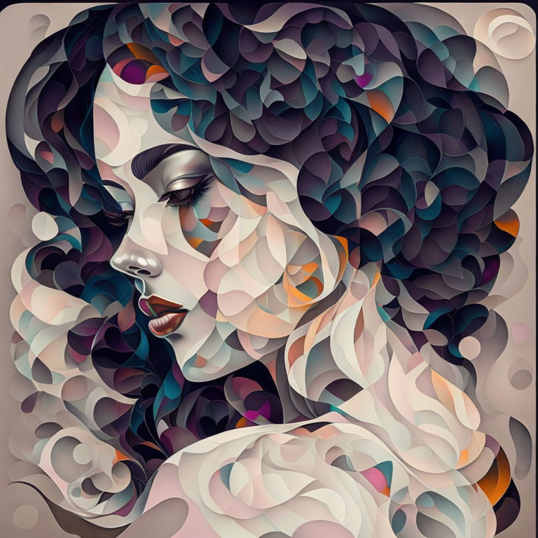 Portrait of Woman with Swirling Hair in Muted Colors