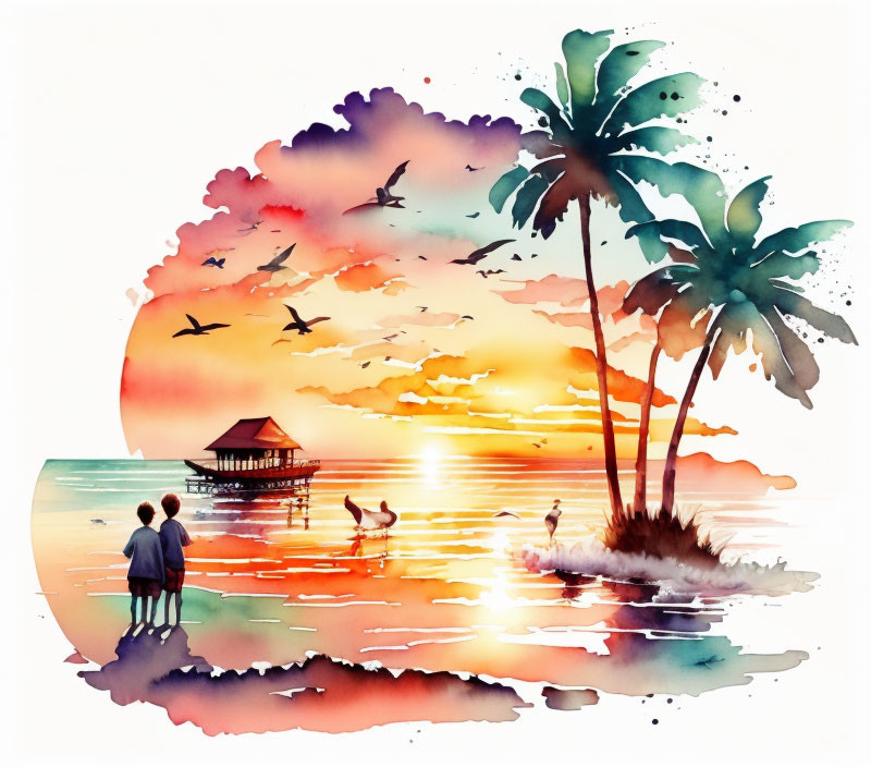 Colorful Watercolor Painting: Couple Watching Sunset on Tropical Beach