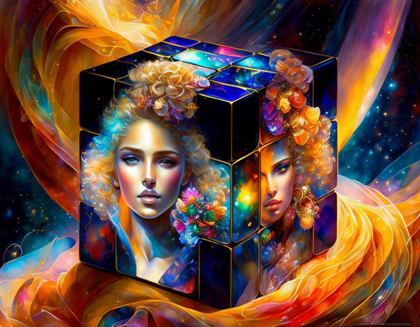 Colorful Rubik's Cube with Women's Faces and Cosmic Background