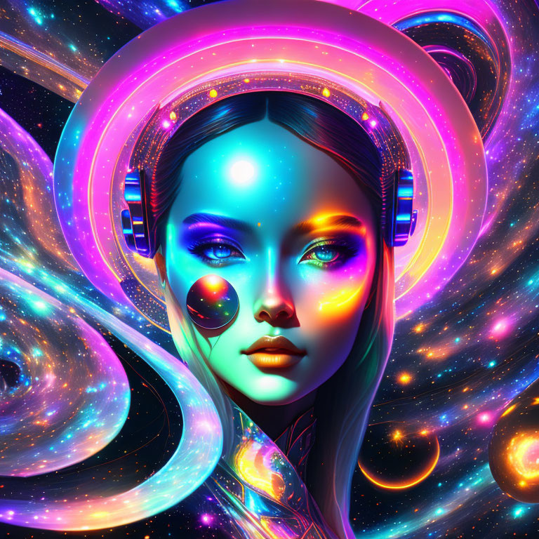 Colorful Digital Art: Woman with Headphones in Cosmic Neon Swirls