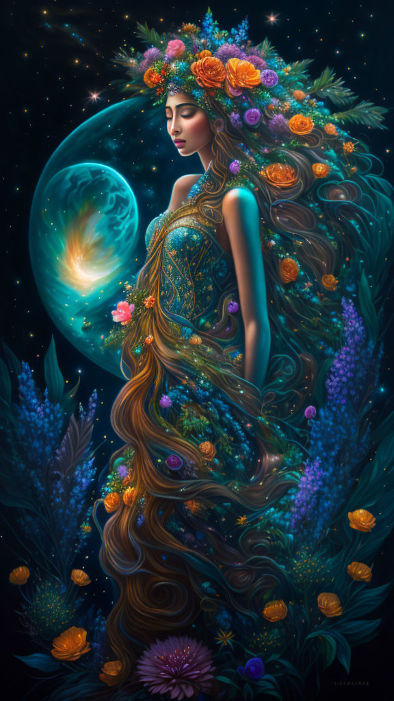 Illustration of woman with flowing hair and flowers against cosmic backdrop