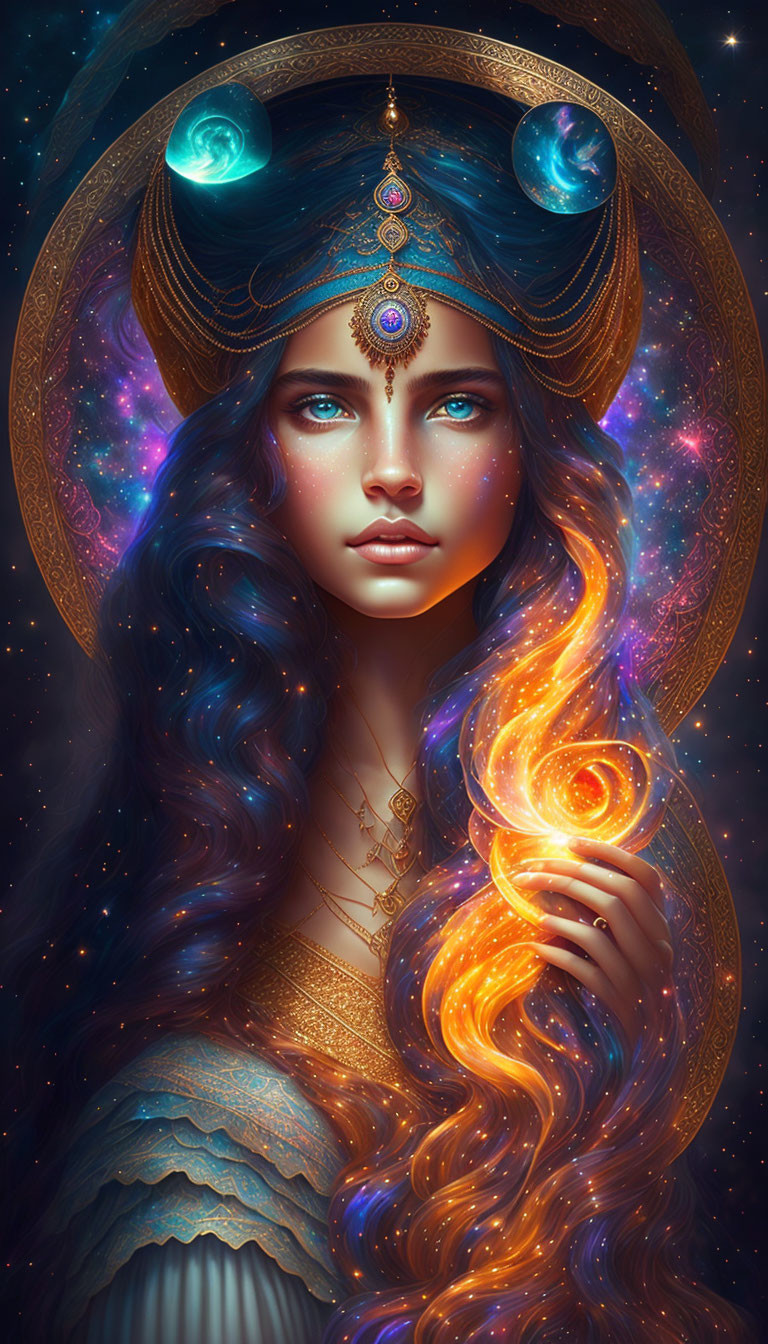 Fantasy illustration of woman with cosmic features and glowing orb