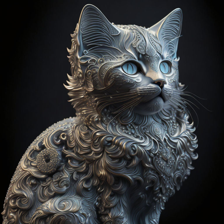 Detailed Cat Sculpture with Floral Patterns and Blue Eyes