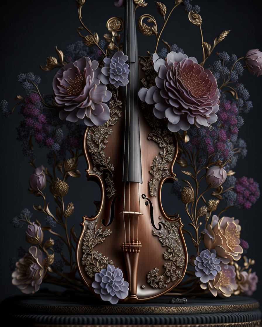 Ornate violin with gold-trimmed pink flowers and foliage on dark background