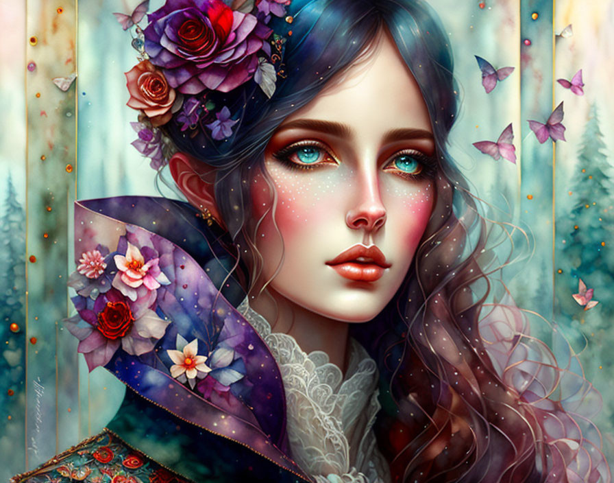 Fantasy female with blue hair and roses, butterflies, and floral backdrop