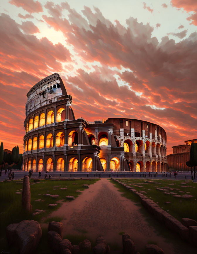 Ancient Roman Colosseum at Dusk with Dramatic Sky