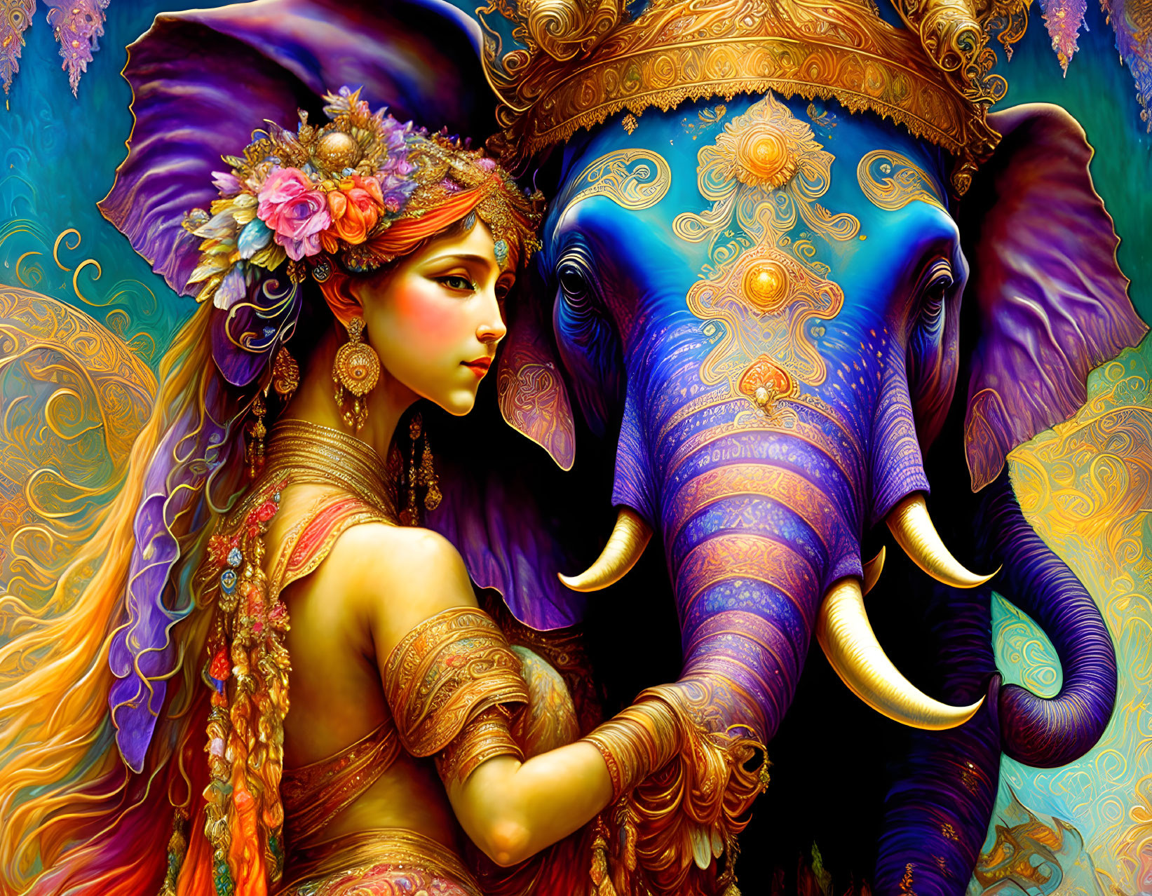 Colorful Artwork: Woman in Ornate Attire with Elephant in Fantastical Setting