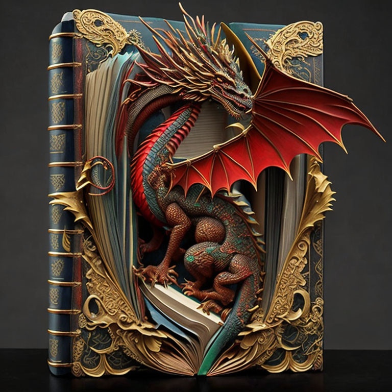 Intricately designed book with 3D dragon cover in red and green