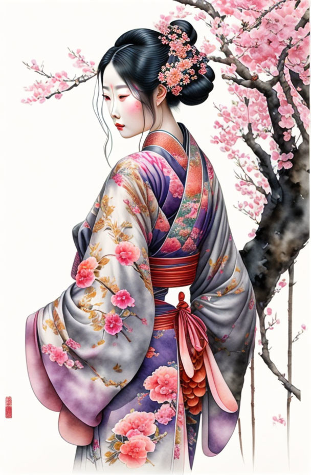 Colorful Geisha in Kimono Beside Cherry Blossom Tree