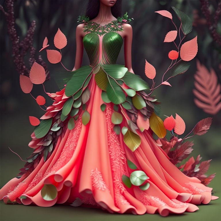 Elaborate red and green dress with nature-inspired design