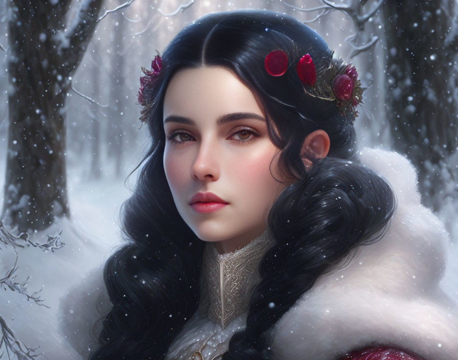 Digital Artwork: Woman in Red and White Cloak with Dark Hair in Snowy Forest