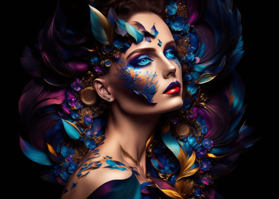 Elaborate Blue and Gold Makeup with Feathers and Flowers