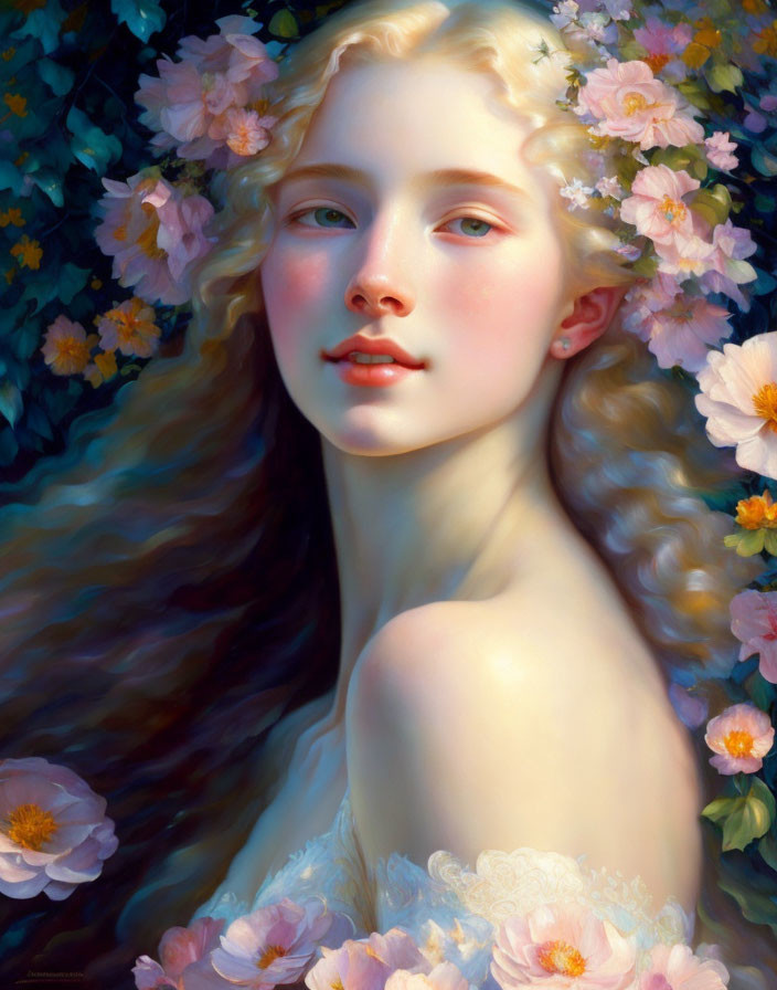 Woman portrait with flowing hair and blossoms, serene expression, surrounded by flowers and leaves.