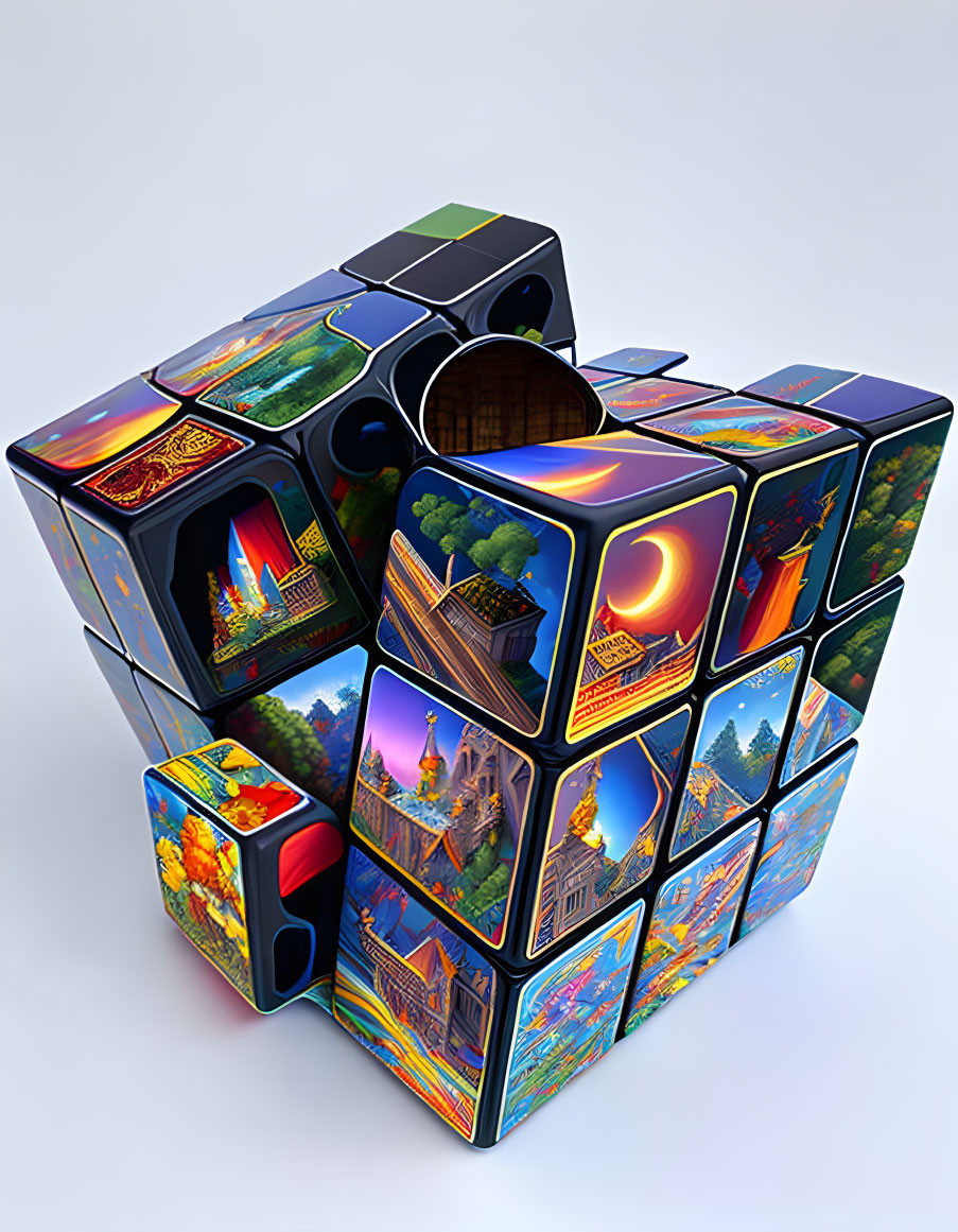 3D-rendered Rubik's Cube with scenic landscapes and architecture images