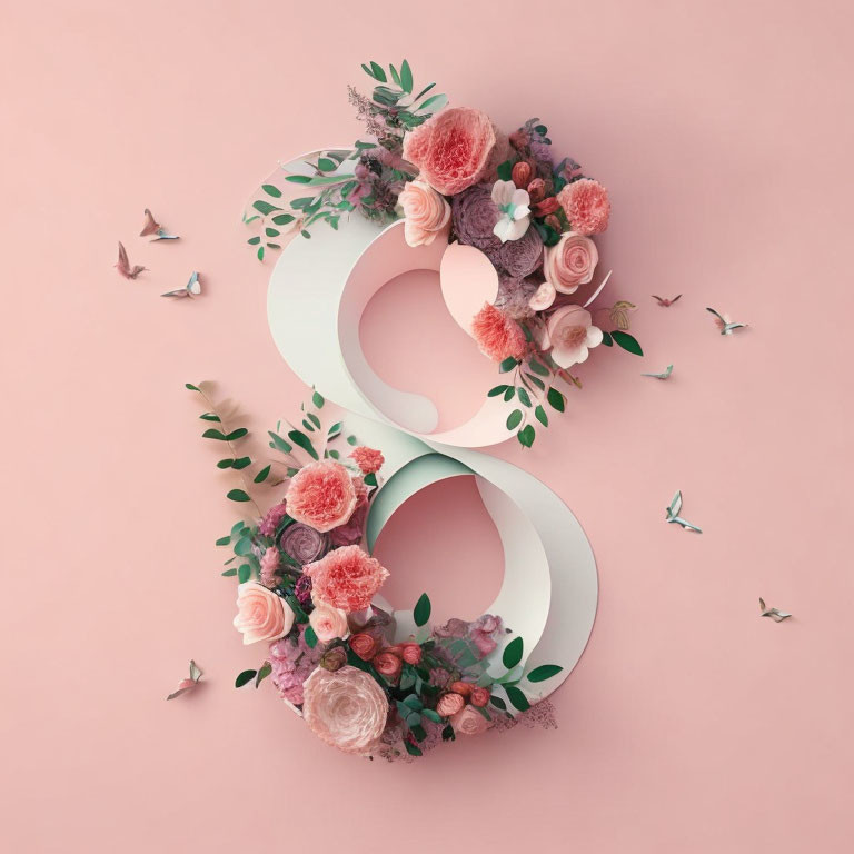 Pastel Floral Number 8 with Butterflies on Pink Background