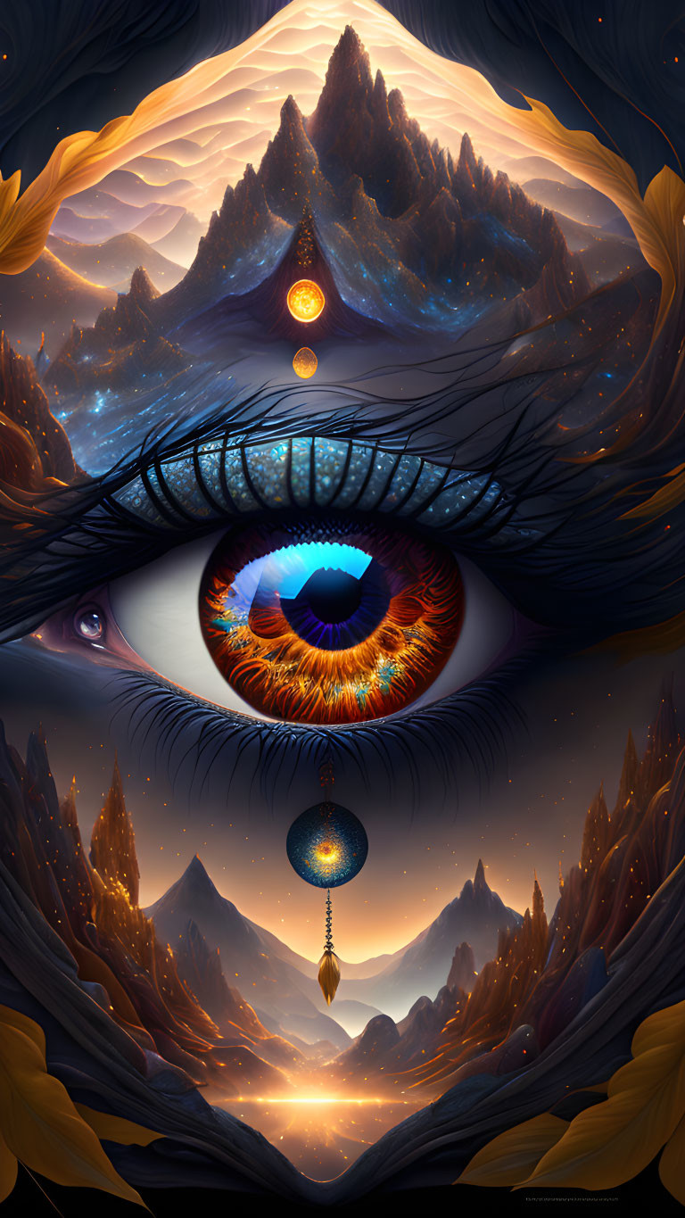 Detailed surreal illustration: eye merged with mountain landscapes, celestial bodies, dynamic lighting