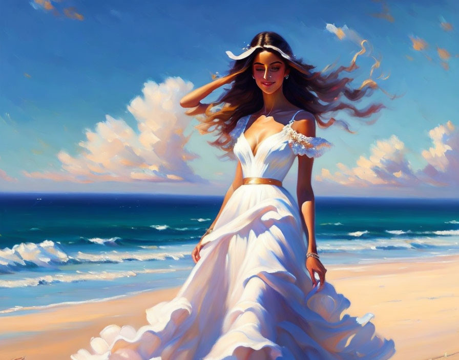 Woman in white dress on sunny beach with flowing hair and picturesque background.