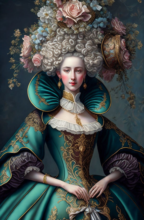 Regal woman in turquoise dress with gold embroidery and floral wig holding globe