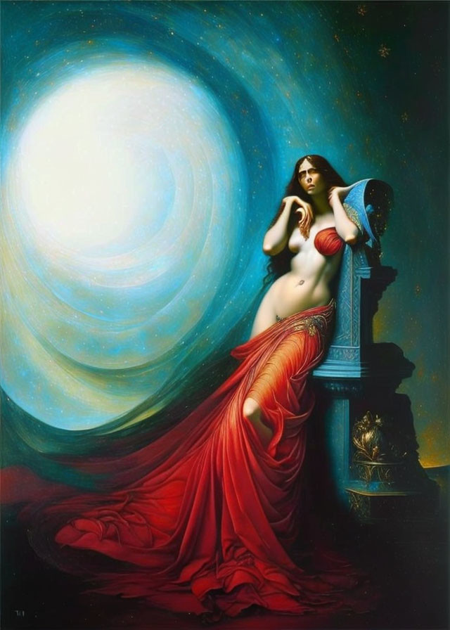 Classical-style painting: Woman in red cloth by ornate pillar with cosmic backdrop