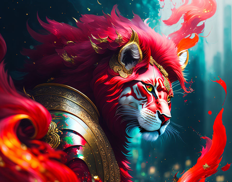 Stylized red lion with golden adornments and shield on abstract blue background