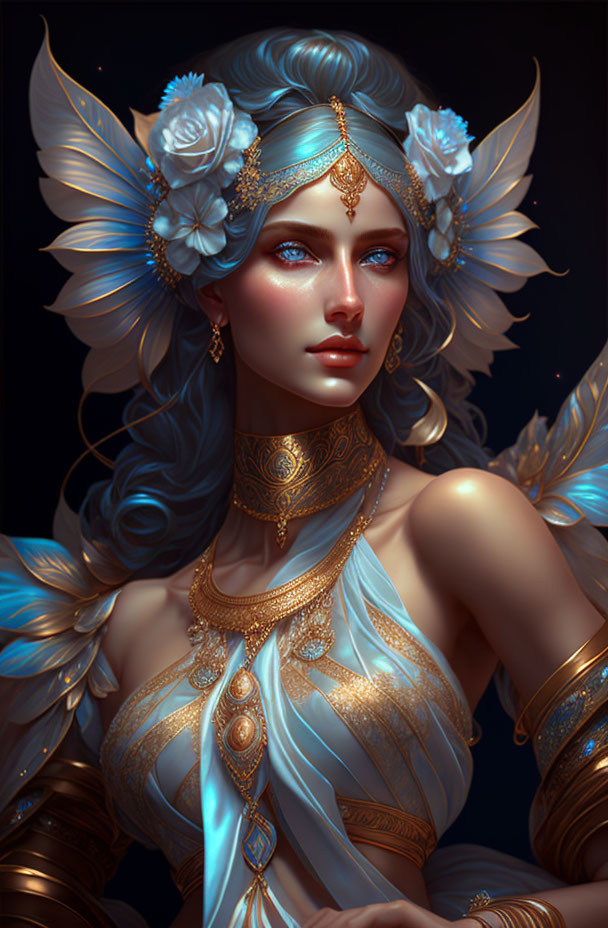 Fantasy female character with blue flower hair, golden jewelry, and white feathered wings