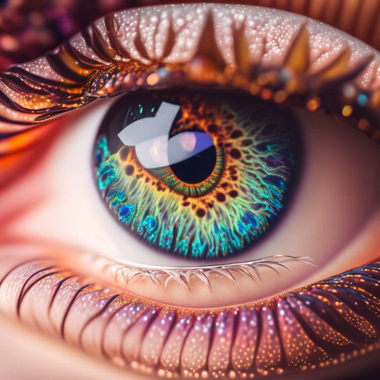 Detailed Stylized Eye with Blue-Green Iris and Lashes on Warm Background