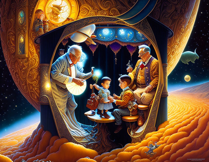 Whimsical illustration of child and adults in room with desert landscape view.