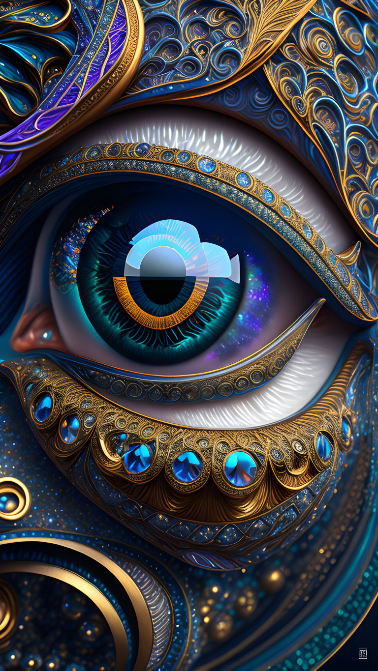 Detailed surreal digital artwork: stylized eye with ornate blue and gold patterns