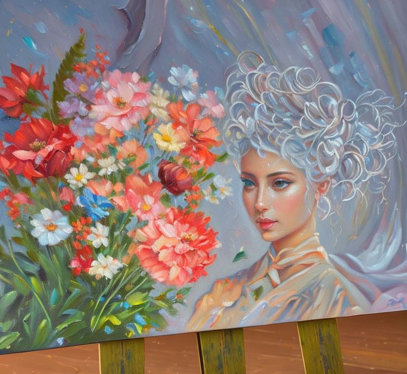 Colorful painting of woman with white hair in flower bouquet