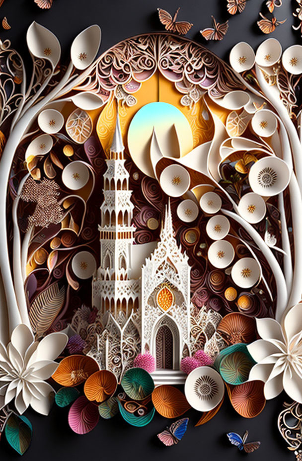 Detailed paper art: white cathedral, floral patterns, butterflies, moonlit background