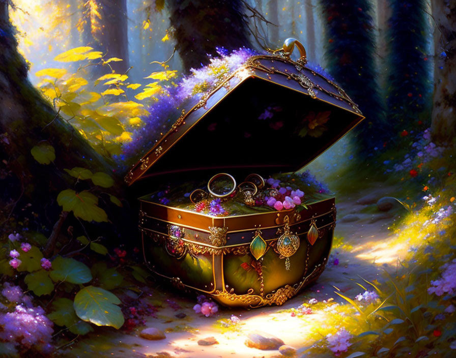 Ornate treasure chest with jewels in sunlit forest glade