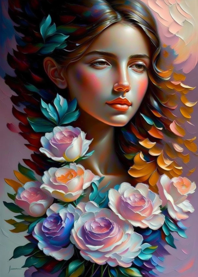 Colorful Floral Portrait of Serene Woman