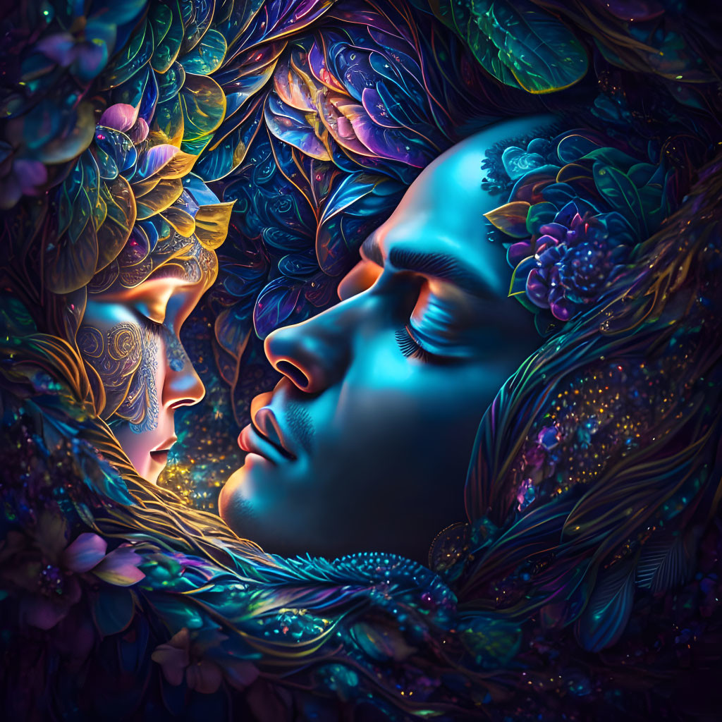 Stylized profile faces surrounded by colorful feathers and flora