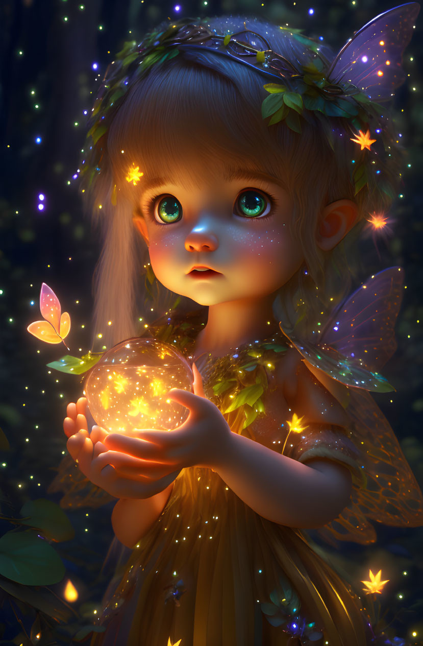 Illustration of fairy child with green eyes and magic orb in mystical forest at night