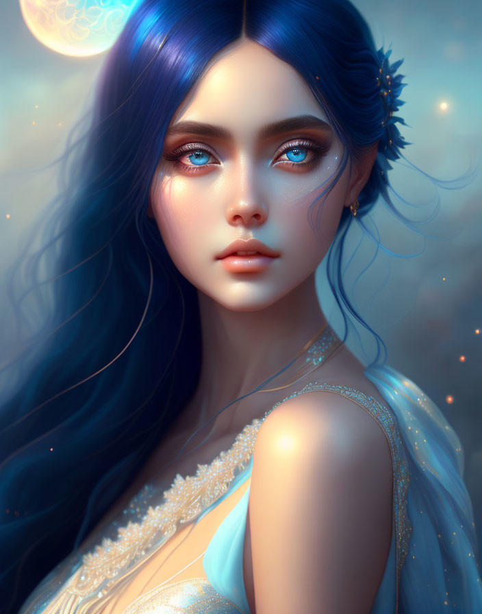 Digital Artwork: Female Figure with Blue Eyes, Hair, and Celestial Motifs