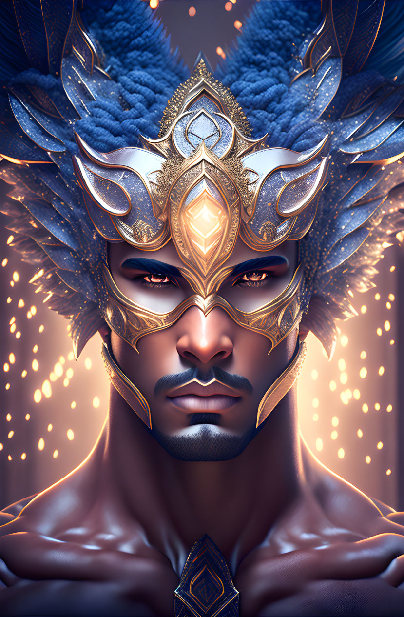 Regal figure with golden mask and blue feather headdress on amber backdrop