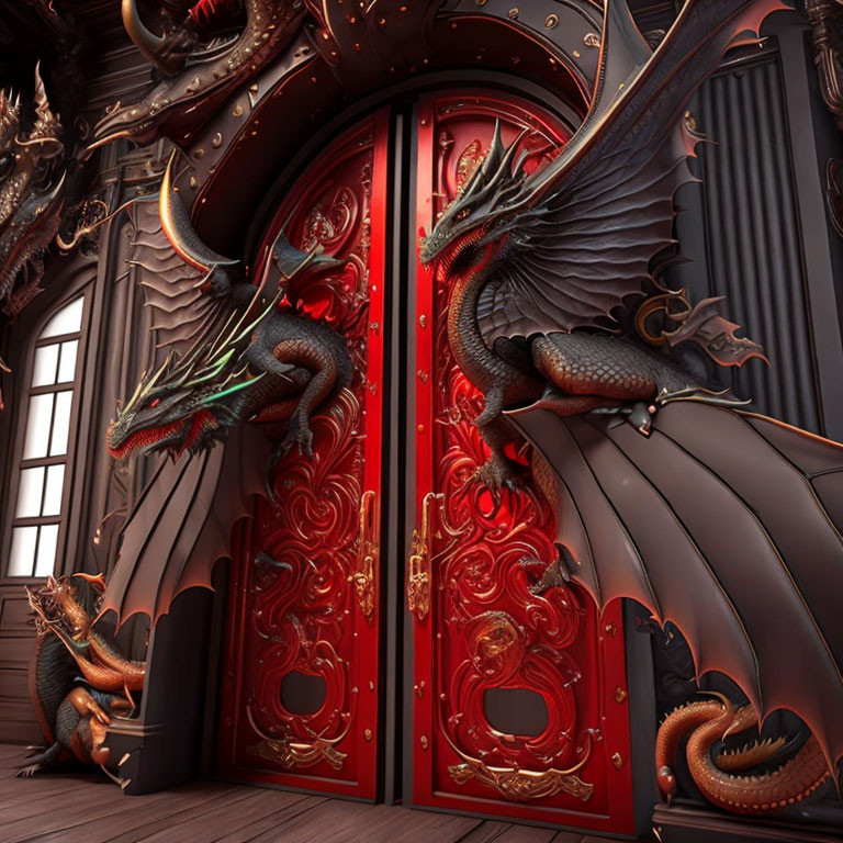 Intricately Designed Dragons Flank Ornate Red Door