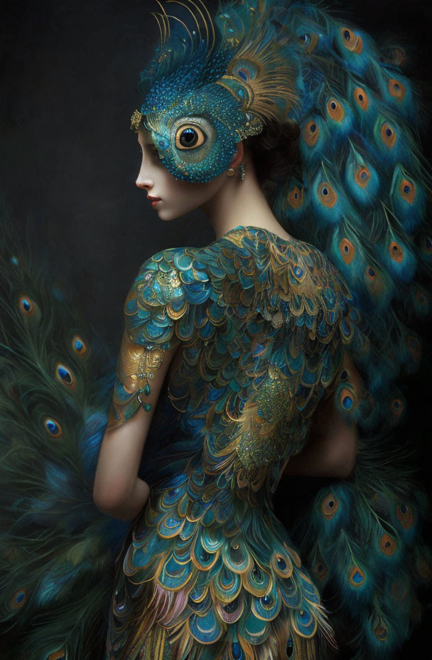 Woman with peacock feather adornments in artistic pose against dark background