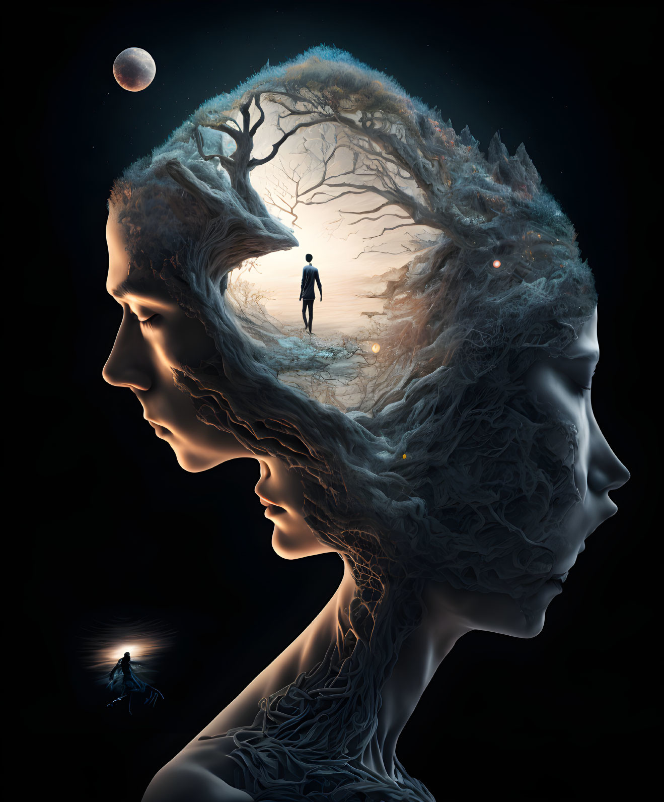 Surreal silhouette profiles with tree-lined brain, man walking under crescent moon