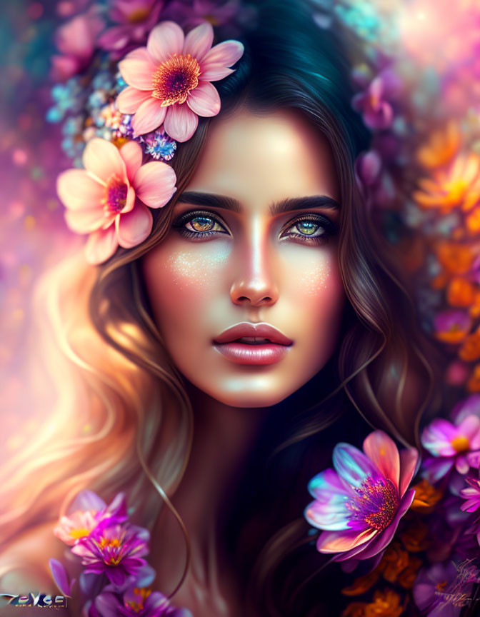 Vibrant flower-adorned woman with wavy hair and striking blue eyes