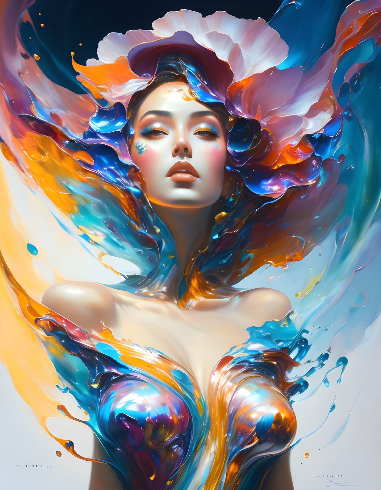 Colorful Digital Artwork: Woman with Fluid-Like Mane in Vibrant Colors