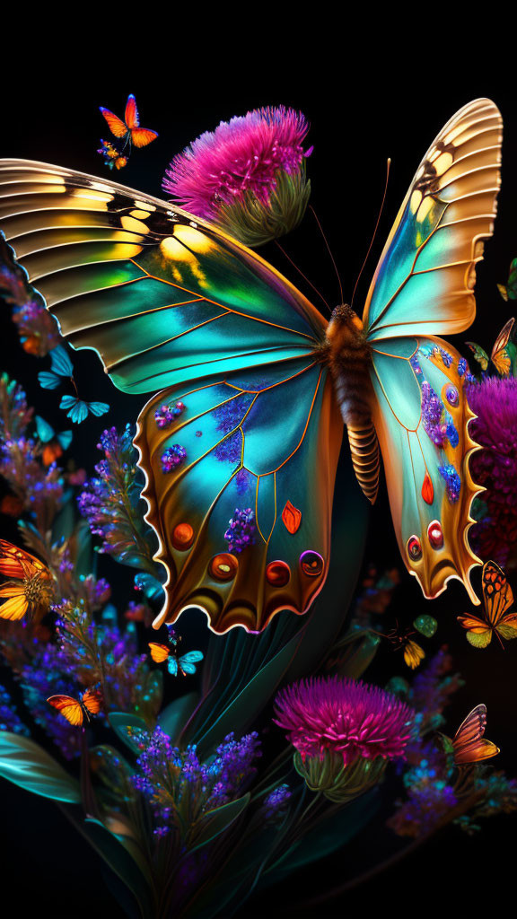 Colorful Butterfly Artwork with Neon Flowers and Dark Background