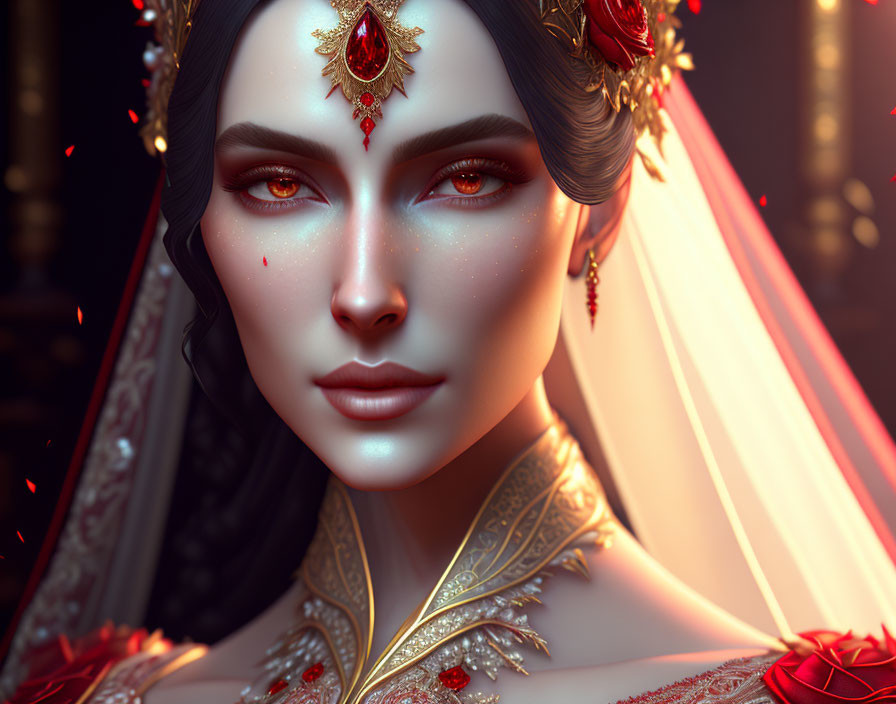 Adorned bride with jeweled headpiece and regal attire for fantasy or cultural wedding.