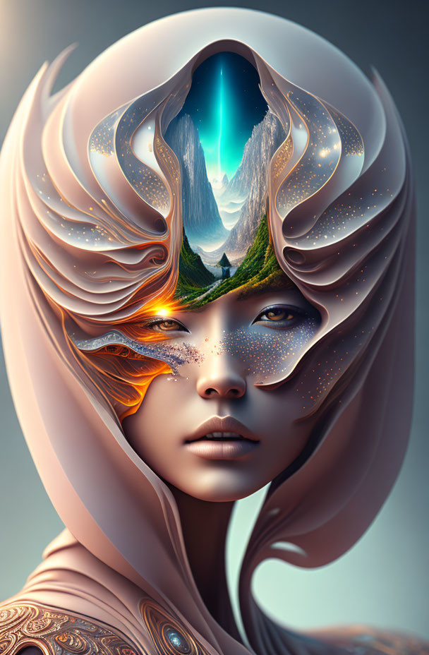 Surreal portrait: Woman's face merges with landscape, mountains, chapel, cosmic element, orn