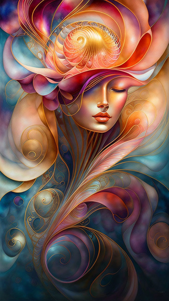 Colorful illustration of a woman with flowing hair and floral hat