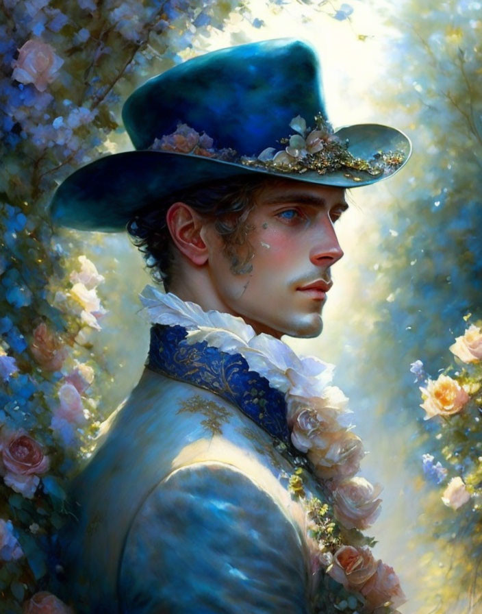 Man in Blue Hat with Floral Adornments and Embroidered Jacket among Blooming Flowers