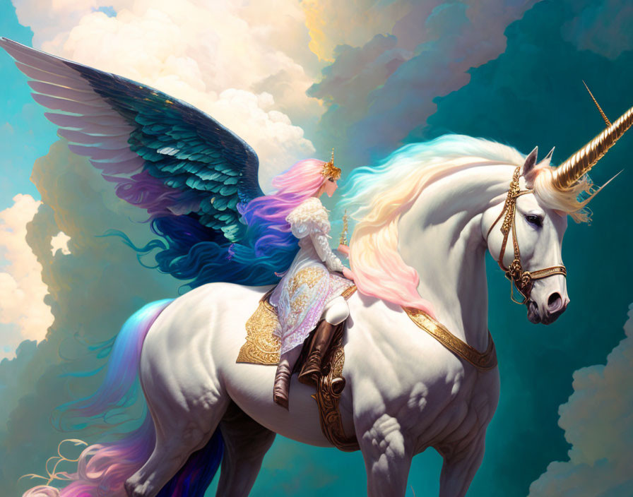 Winged unicorn and princess in elaborate dress against dreamy sky