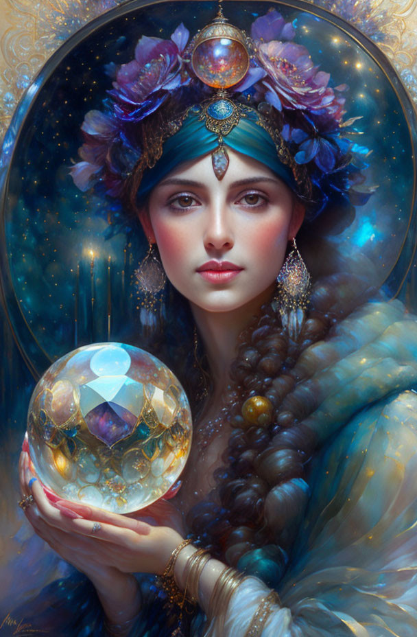 Woman in ornate headgear with crystal ball, galaxy aura, detailed jewelry, mysterious gaze